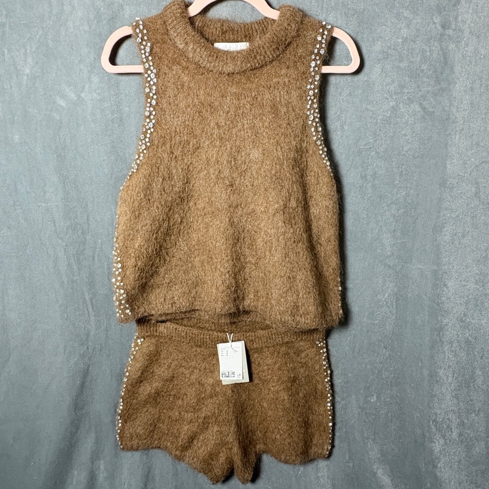 H&M Edition Mohair Blend Rhinestone Trim Knit Sweater Vest + Shorts Set Brown M